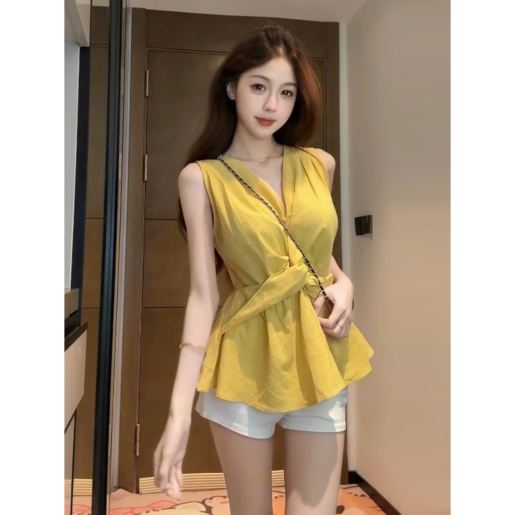 Áo Sát Nách Nữ Cổ V Thiết Kế Xoắn Ngực, Áo Kiểu Peplum Che Bụng Tôn Eo Đi Làm Đi Chơi Sang Chảnh