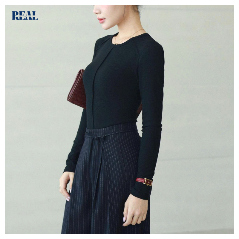 Áo thun dài tay dáng ôm cơ bản dài 54cm REAL CLOTHES (tổng hợp màu), co giãn nhiều, dáng