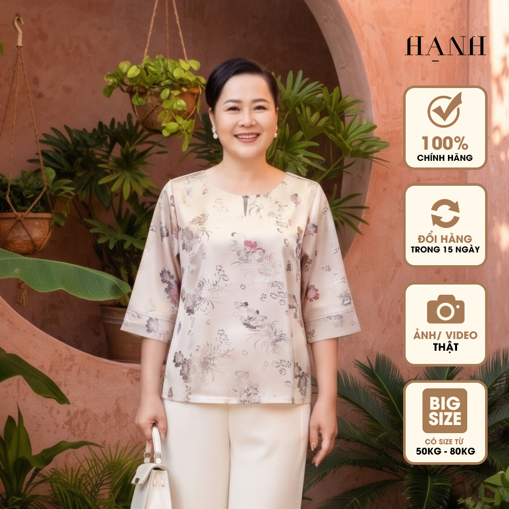 Hạnh - Áo Kiểu Trung Niên Tặng Mẹ Cổ Tròn Kết Hạt Chất Liệu Lụa In Hoa Văn bigsize 2472/4.615