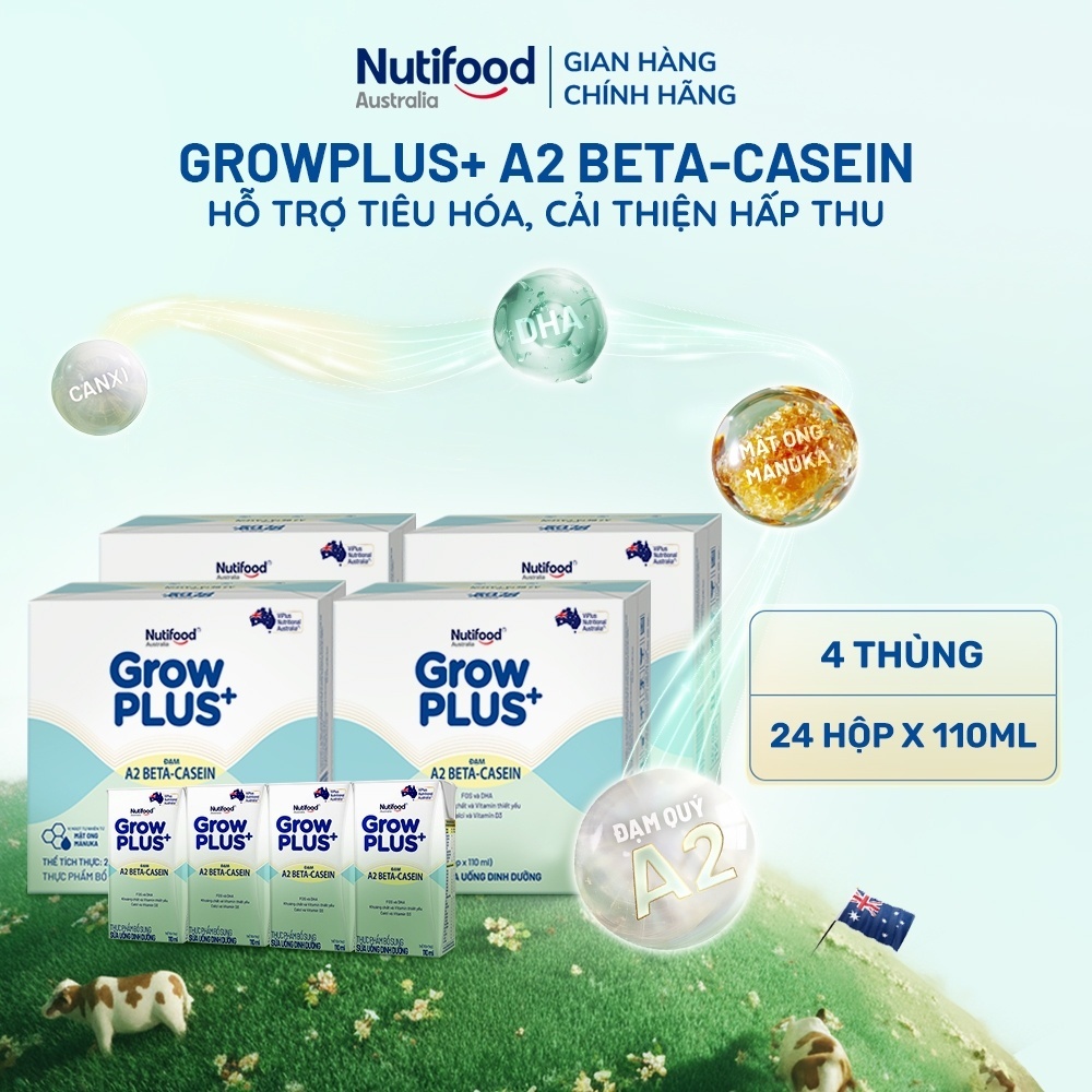 Combo 4 x Thùng 24 hộp Sữa bột pha sẵn GrowPLUS+ Đạm A2 Beta-Casein Hộp 110ml