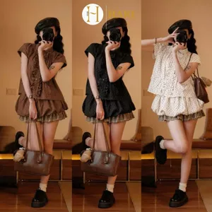 Set Áo Babydoll Chấm Bi Nữ Hari Mix Chân Váy Bí Dáng Xinh, Set Đồ Tiểu Thư Dễ Thương 2050