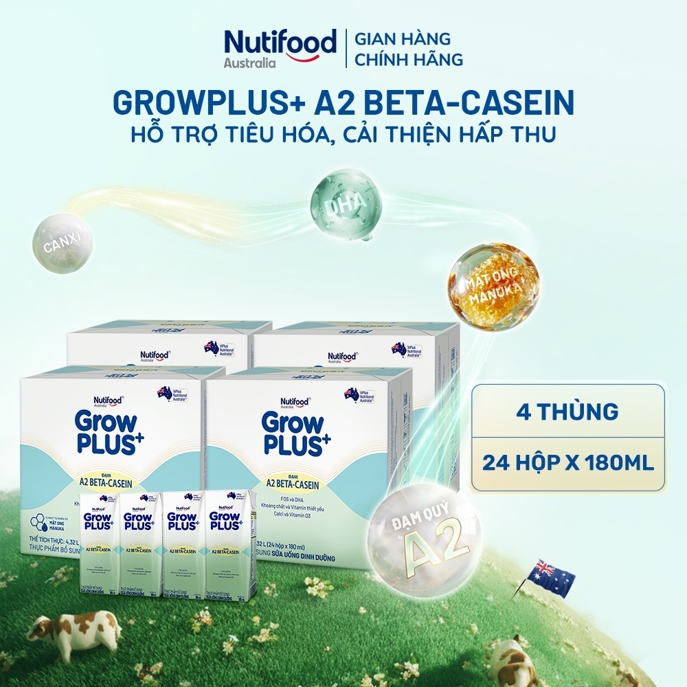 Combo 4 x Thùng 24 hộp Sữa bột pha sẵn GrowPLUS+ Đạm A2 Beta-Casein Hộp 180ml