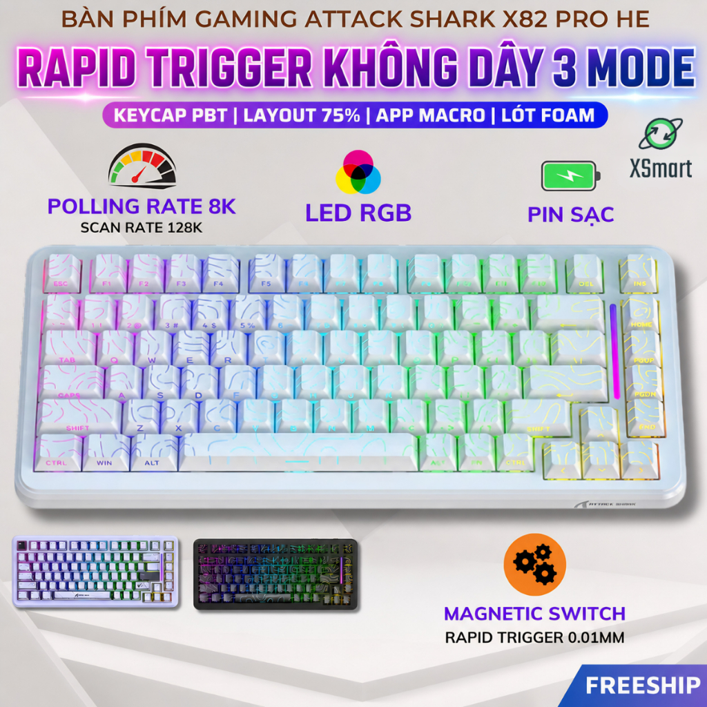 Bàn Phím Gaming Không Dây Rapid Trigger Attack Shark X82 PRO HE LED RGB ...