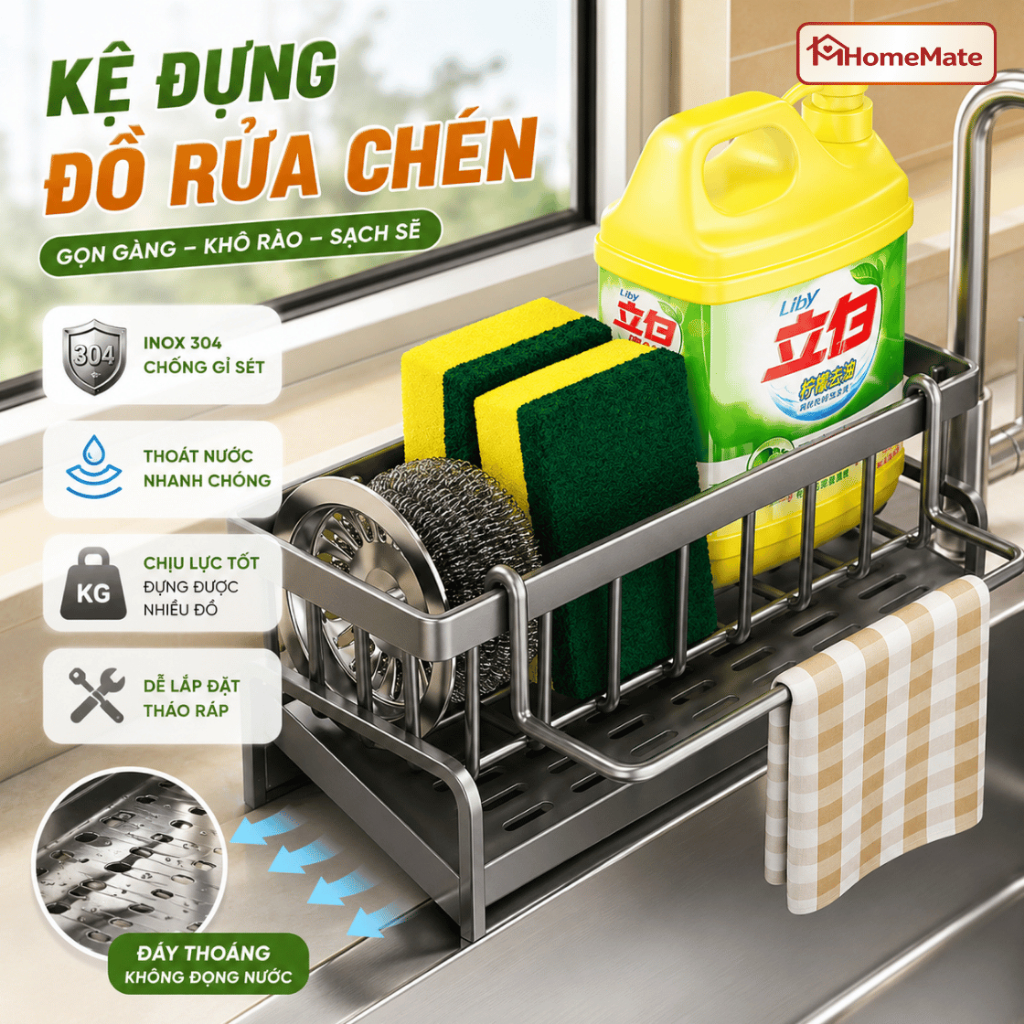 Kệ Để Đồ Rửa Chén Bát Inox Không Gỉ Có Khay Thoát Nước, Giá Đựng Nước Rửa Chén Kèm Thanh Treo Khăn Tiện Lợi