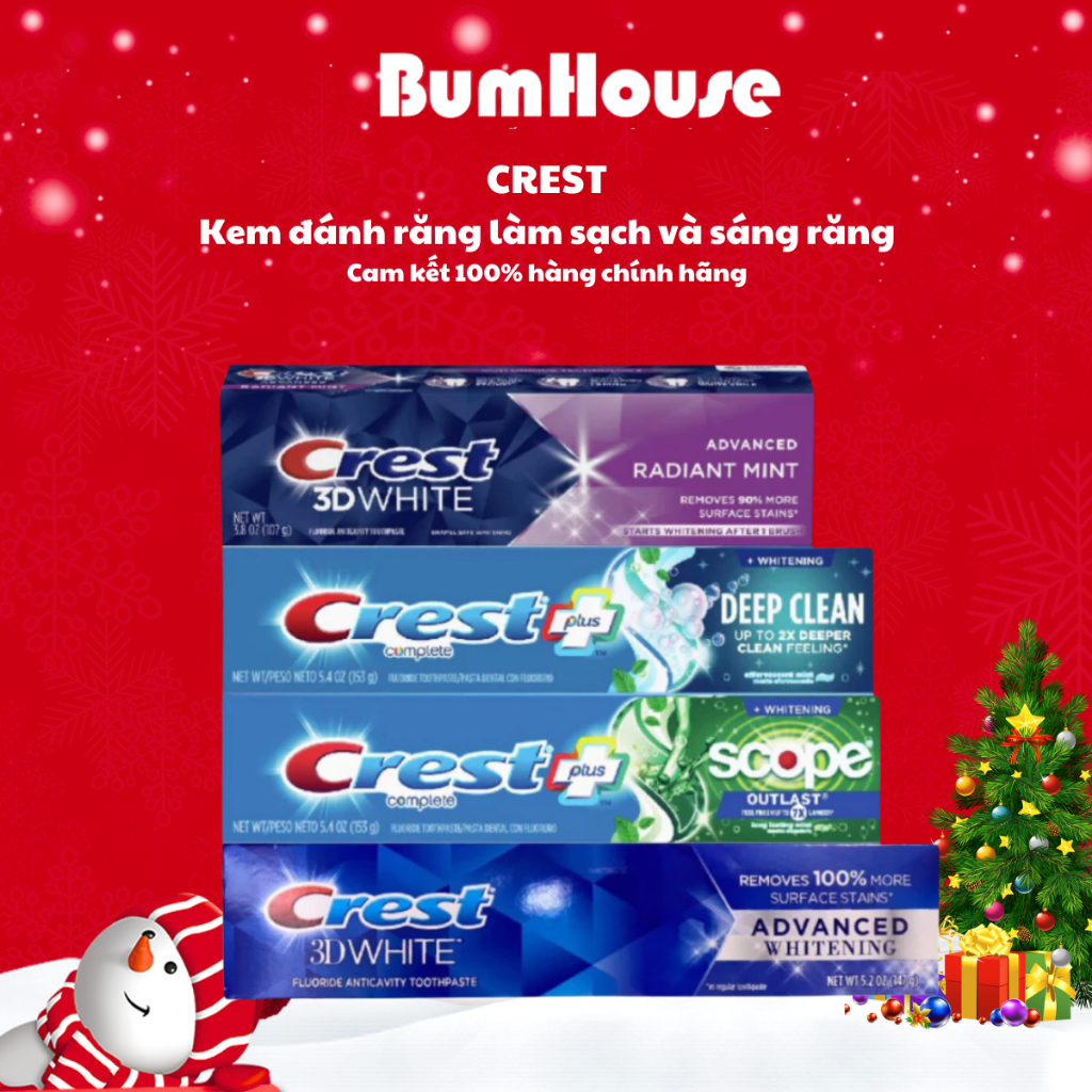 Kem Đánh Trắng Răng Crest 3D White Radiant Mint/ Advanced Whitening / Deep Clean/ Pro Health Advanced Đủ Mùi Hương