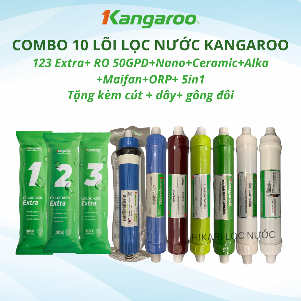 Combo 10 Lõi Lọc Nước Kangaroo Model KG10A3 Gồm 123 RO50GPD Nano Ceramic Alkaline Maifan ORP 5in1+ Hàng Chính Hãng