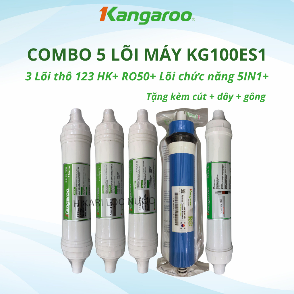 Combo 5 Lõi Lọc Nước Kangaroo Máy Model KG100ES1 Gồm 123 HK Đúc, Màng RO 50GPD Và Lõi Chức Năng 5in1+