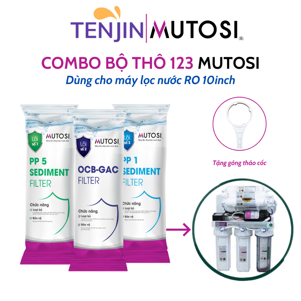 Combo 123 Lõi Lọc Nước Mutosi Giúp Loại Bỏ Các Tạp Chất Cặn Bẩn Chất Gây Mùi Dùng Cho Máy Lọc Nước RO Cốc10"