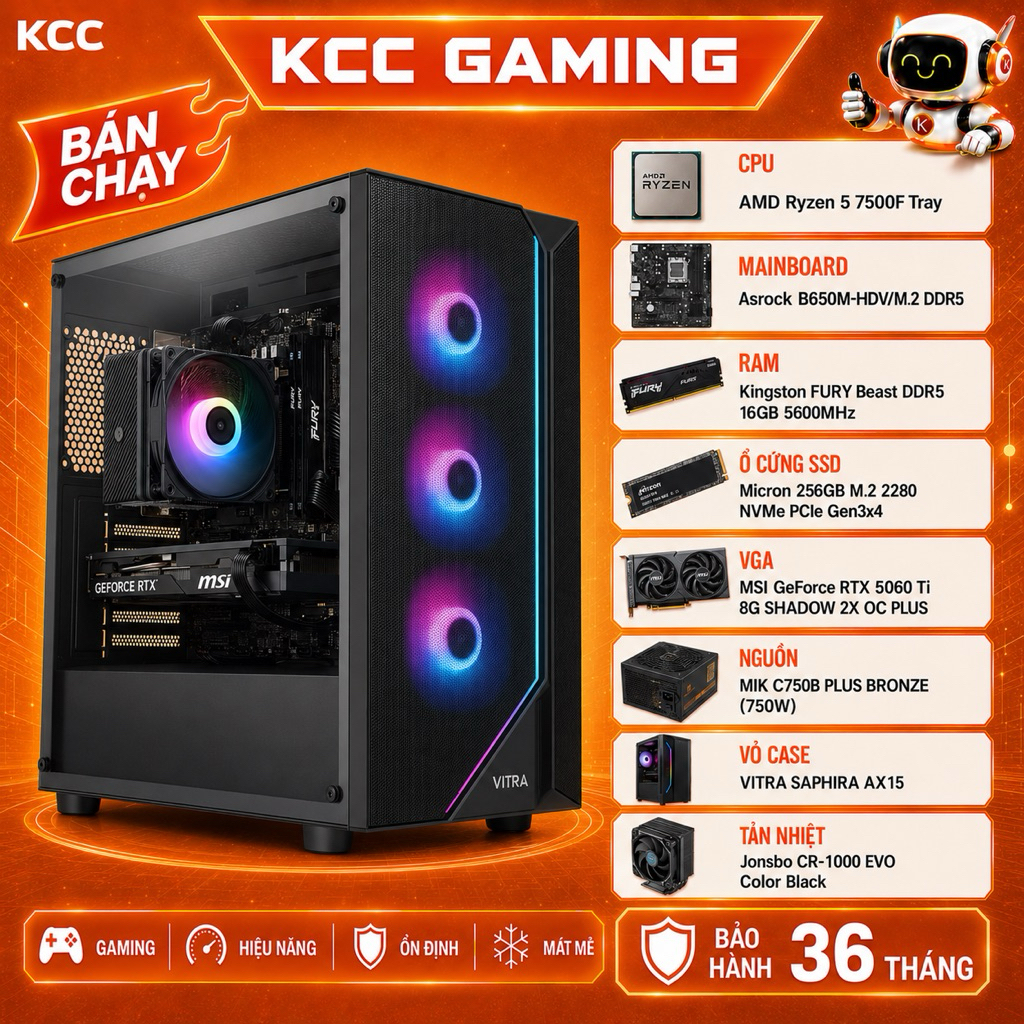 Bộ PC AMD Gaming Đồ Họa KCC RYZEN 5 7500F, R7 7800X3D - RTX 3050, 5050, 5060, 5060 Ti  - Bảo Hành 3 Năm | BigBuy360 - bigbuy360.vn