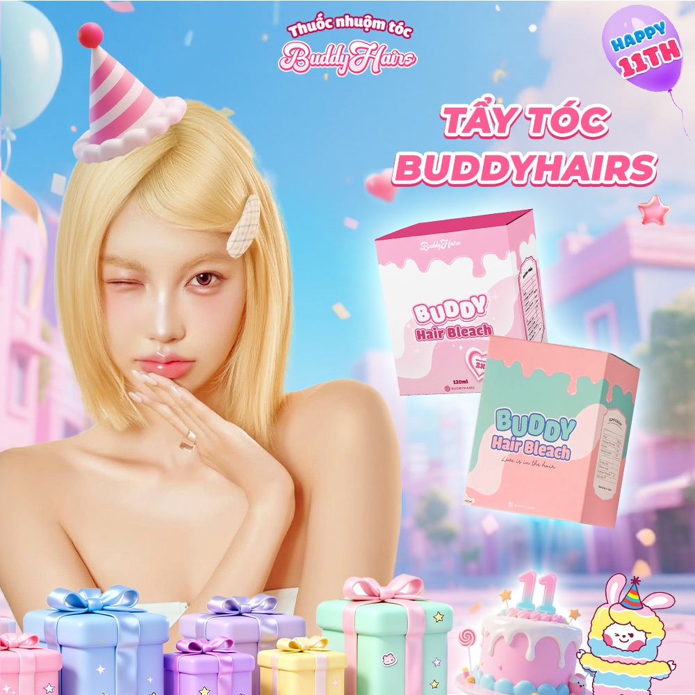 Thuốc tẩy tóc an toàn không độc hại buddyhairs tặng kèm găng tay , mũ trùm tiện lợi.