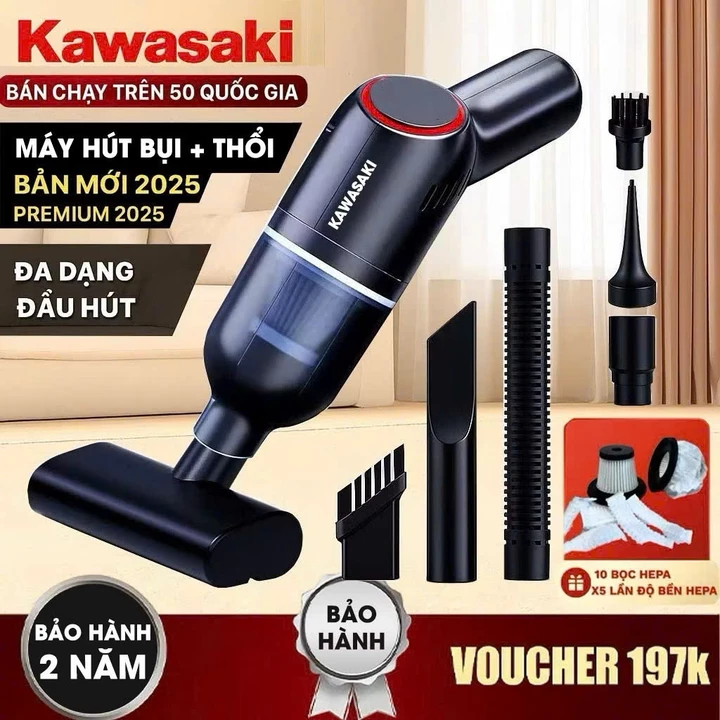 ( Bản Nâng Cấp 2026 )Máy hút bụi cầm tay mini PVL - KAWASAKI không dây, Lực hút 25.000Pa, Công suất 120w, Bảo hành 2 Năm