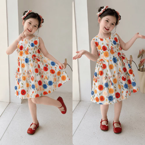 Váy hoa cho bé chất vải lụa mềm mát in 5D hoa nhí, Đầm cho bé gái mùa hè hoa nhí dễ thương, Váy sát nách VB01 - BIATON