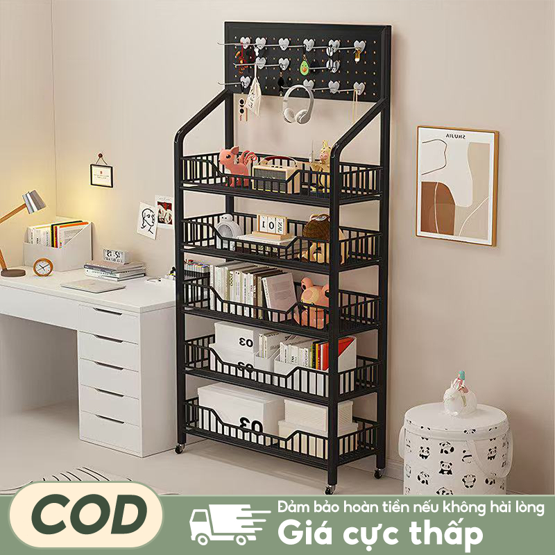 Kệ để hàng tạp hoá có bánh xe Kệ siêu thị 5 tầng Kệ sắt đựng đồ ăn vặt Khả
