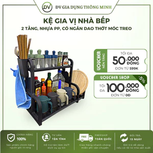 Kệ gia vị nhà bếp 2 tầng nhựa PP chắc chắn có ngăn dao thớt móc treo tiết kiệm không gian