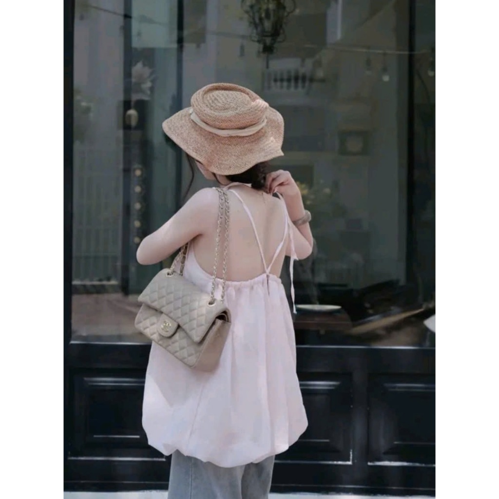 Áo 2 Dây Nữ Phom Bí Dáng Babydoll Bo Gấu Phồng, Áo Yếm 2 Dây Hở Lưng Đan Dây Đi Biển Đi Cafe Sang Chảnh - CHAMIE STUDIO