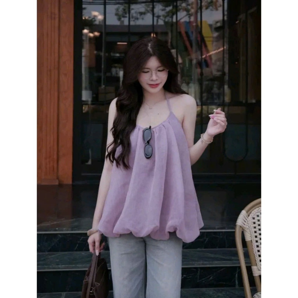 Áo 2 Dây Nữ Phom Bí Dáng Babydoll Bo Gấu Phồng, Áo Yếm 2 Dây Hở Lưng Đan Dây Đi Biển Đi Cafe Sang Chảnh - CHAMIE STUDIO