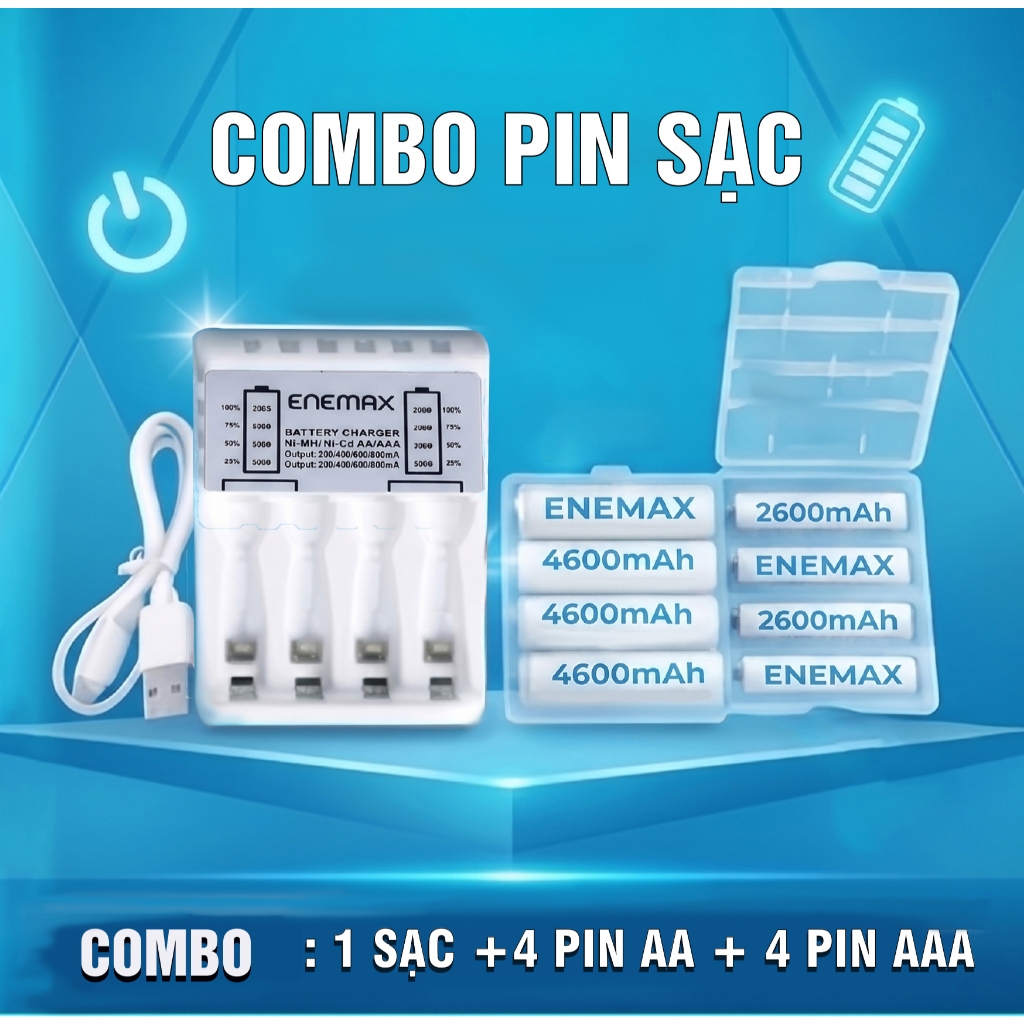 Bộ Sạc nhanh ENEMAX 1.5v tự ngắt an toàn +4 PIN AA 4600mAh+4 PIN 2600mAh - Pin sạc tái sử dụng,pin mic hát karaoke - 1
