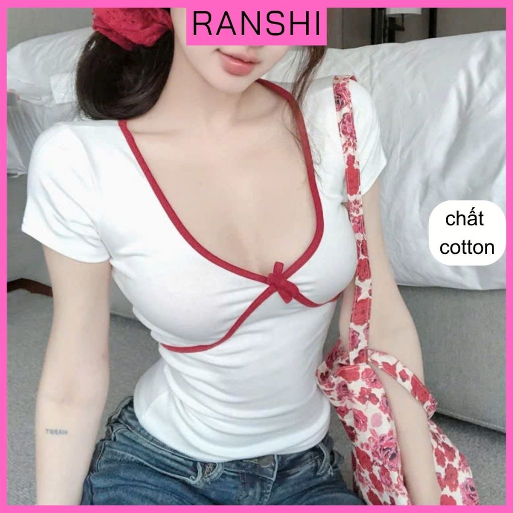 [CÓ SIZE] Áo Thun  Cổ Tim Ngắn Tay Ôm Dáng Phối Viền RANSHI Chất Thun Cotton Mềm Mát - RA367