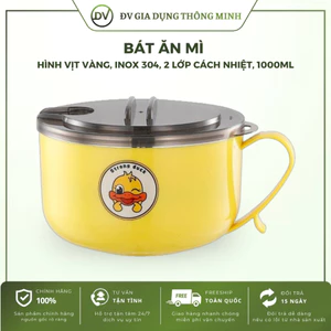 Bát ăn mì hình vịt vàng inox 304 2 lớp cách nhiệt 1000ml có nắp tay cầm tiện lợi