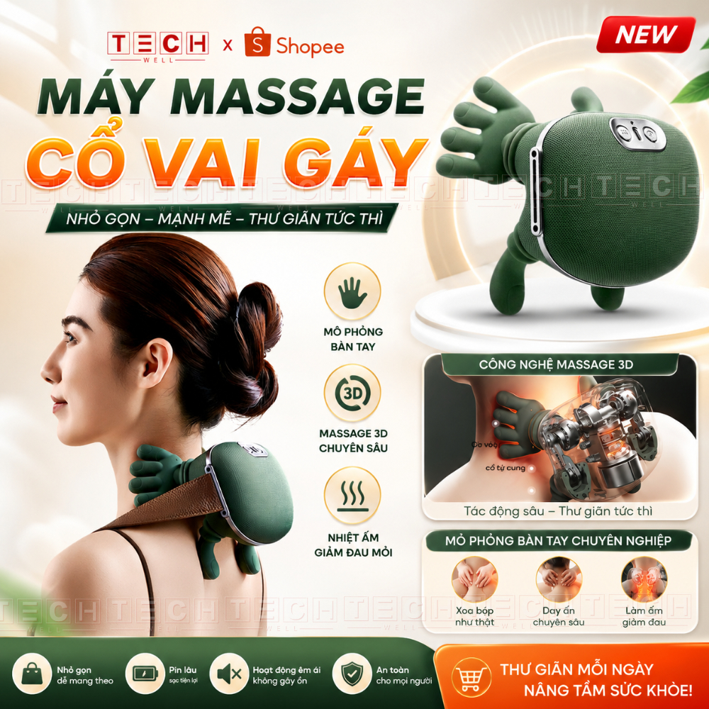 Máy Massage Cổ Vai Gáy Mô Phỏng Bàn Tay Kết Hợp Chườm Ấm, Massage Trị Liệu Giảm Đau Mỏi Cơ Hiệu Quả