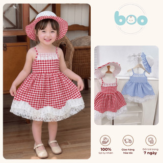 [Tặng kèm mũ] Váy Bé Gái Công Chúa Kẻ Caro Đỏ Xanh Phối Ren Chân Váy Vintage Kèm Mũ Cho Bé