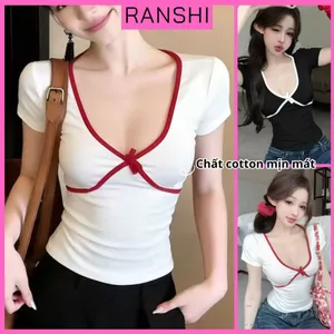 Áo Thun Cổ Tim Ngắn Tay Ôm Dáng Phối Viền RANSHI Chất Thun Cotton Mềm Mát - RA367