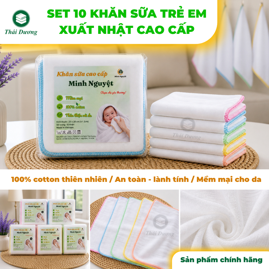 Set 10 khăn sữa Minh Nguyệt xuất Nhật cao cấp: khăn lau, khăn gạc sữa, khăn xô, khăn tắm bé: 100% cotton, an toàn, êm ái