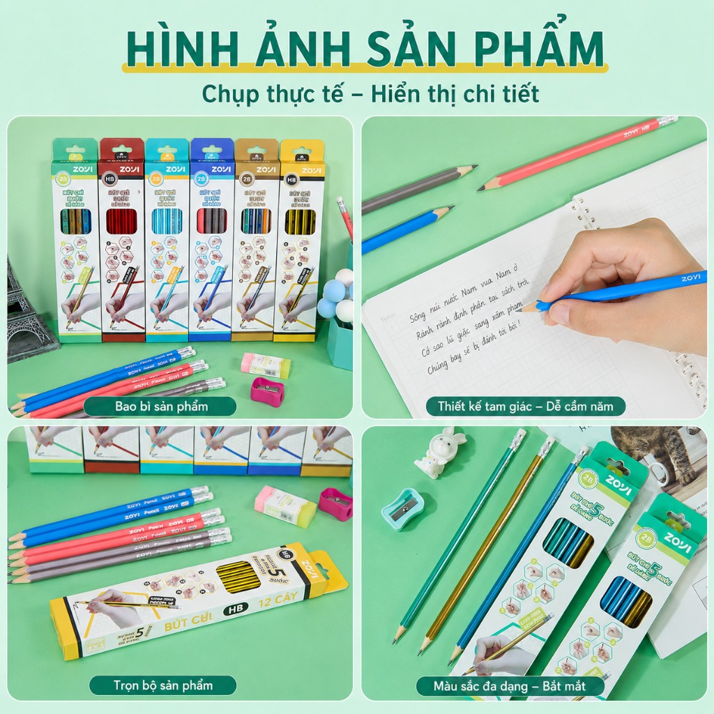 Bộ 12 Bút Chì Gỗ Tam Giác ZOYI HB 2B Kèm Gôm Và Chuốt Bút Chì Cho Bé Luyện Viết