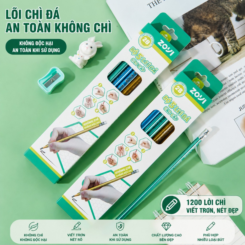 Bộ 12 Bút Chì Gỗ Tam Giác ZOYI HB 2B Kèm Gôm Và Chuốt Bút Chì Cho Bé Luyện Viết