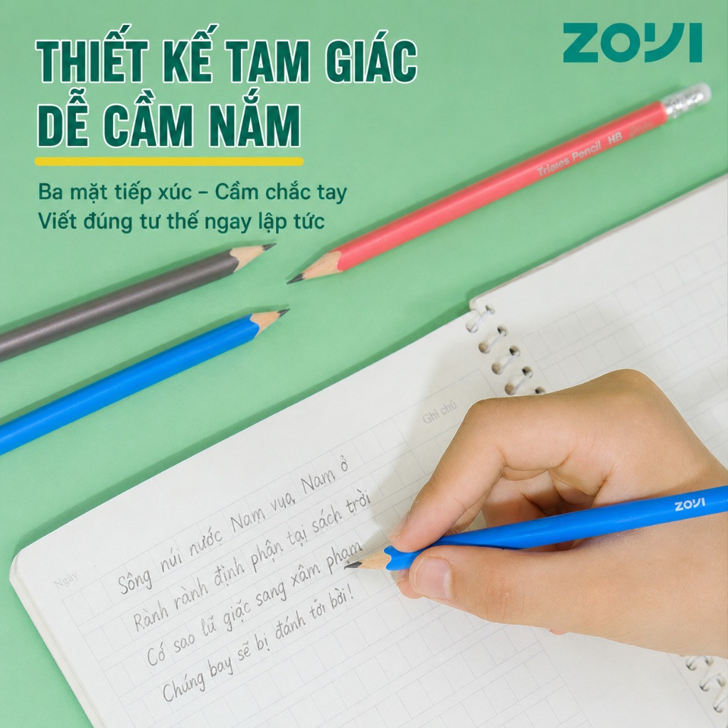 Bộ 12 Bút Chì Gỗ Tam Giác ZOYI HB 2B Kèm Gôm Và Chuốt Bút Chì Cho Bé Luyện Viết
