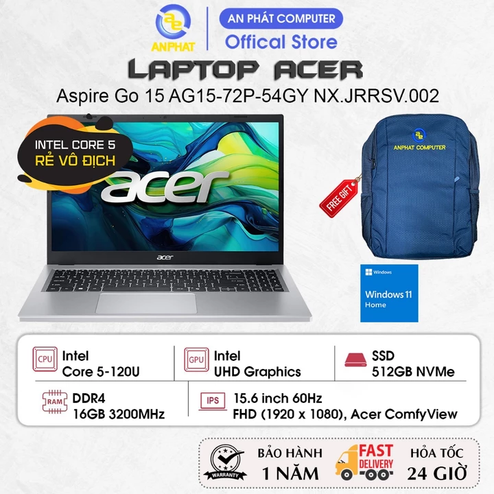 Laptop Acer Aspire Go 15 AG15-72P-54GY, Core 5-120U, UHD Graphics, 16GB RAM, 512GB SSD, 15.6 inch FHD, Win11