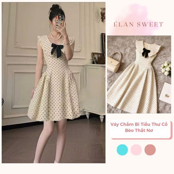 Váy Chấm Bi Tiểu Thư Cổ Bèo Thắt Nơ, Đầm Vintage Pháp Tay Phồng Dáng Xòe Sang Chảnh Élan Sweet