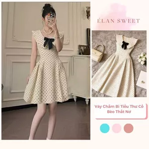 Váy Chấm Bi Tiểu Thư Cổ Bèo Thắt Nơ, Đầm Vintage Pháp Tay Phồng Dáng Xòe Sang Chảnh Élan Sweet