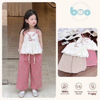 Bộ Đồ Bé Gái Mùa Hè Áo Hai Dây Buộc Nơ Mix Quần Caro Ống Rộng Thoáng Mát Mềm Mại - MH2