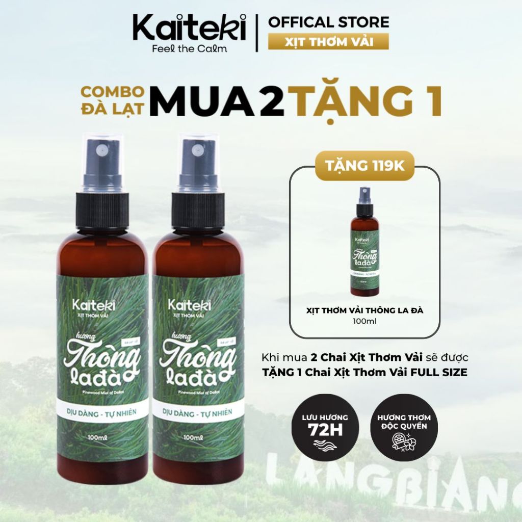 (Mua 2 Tặng 1) Xịt Thơm Quần Áo Kaiteki 100ml Hương Thông Đà Lạt, Khử Mùi Vải, Thơm Lâu 72H, Xịt Vải Khô