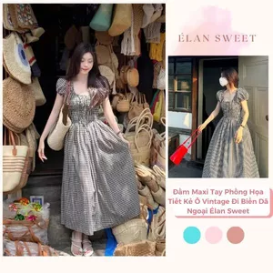 Váy Caro Nàng Thơ Dáng Dài, Váy Maxi Tay Phồng Họa Tiết Kẻ Ô Vintage Đi Biển Dã Ngoại Élan Sweet