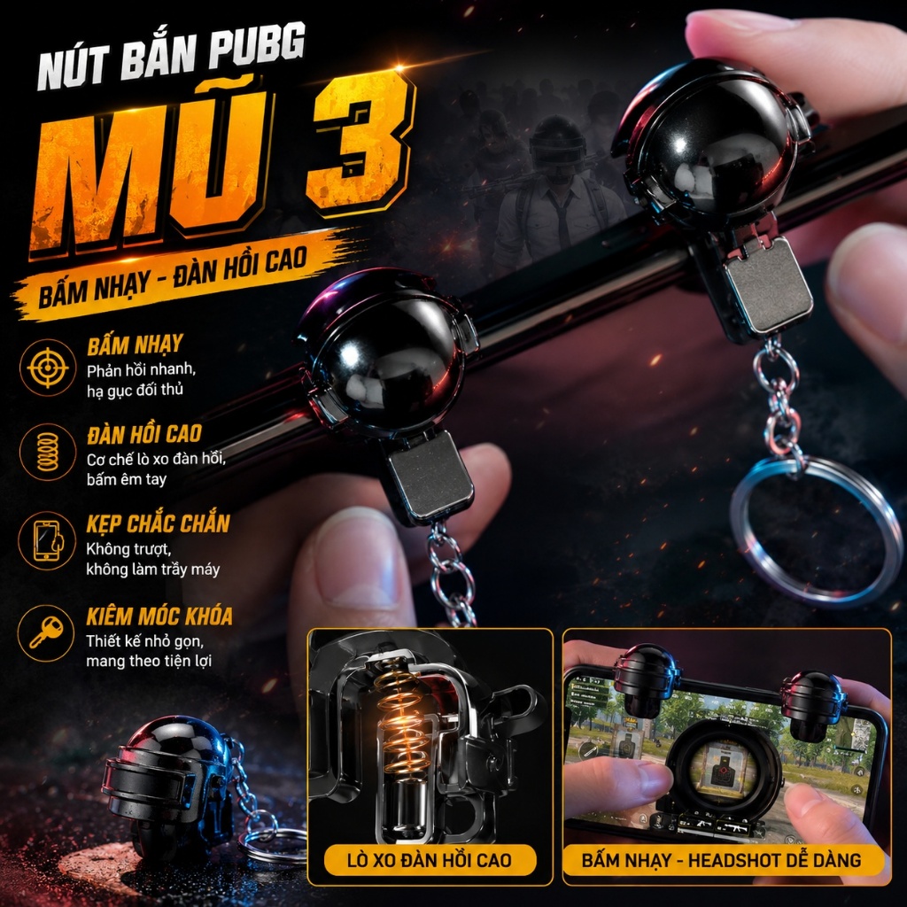 Nút Bấm PUBG Mũ 3 Kiêm Móc Khóa – Bấm Nhạy, Kẹp Chắc, Nhỏ Gọn, Thiết Kế Độc Đáo