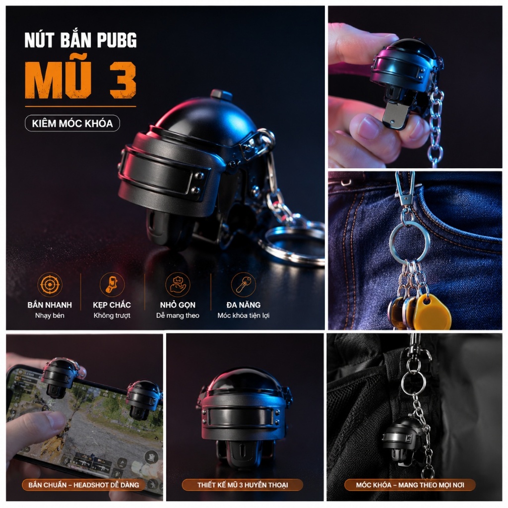 Nút Bấm PUBG Mũ 3 Kiêm Móc Khóa – Bấm Nhạy, Kẹp Chắc, Nhỏ Gọn, Thiết Kế Độc Đáo