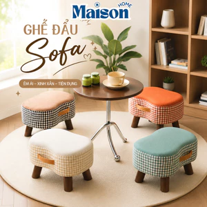 Ghế Đôn Thấp Bọc Vải Caro Vintage MAISON, Ghế Để Chân Mini Có Tay Xách, Ghế Decor Phòng Khách Phòng Ngủ Xinh Xắn