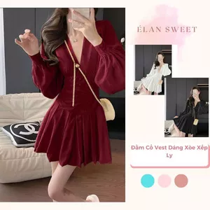 Đầm Cổ Vest Dáng Xòe Xếp Ly, Váy Công Sở Thiết Kế Sang Chảnh Tôn Dáng Élan Sweet
