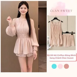 Set Áo Babydoll Trễ Vai Liền Quần, Bộ Đồ Nữ Chiffon Bồng Bềnh Sang Chảnh Élan Sweet