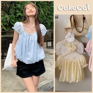 Áo Sơ Mi Nữ Babydoll Cổ Tròn Tay Bồng Gấu Bí Áo Trễ Vai Vải Xốp Kèm Dây Buộc Tóc Dễ Thương - Cakecat