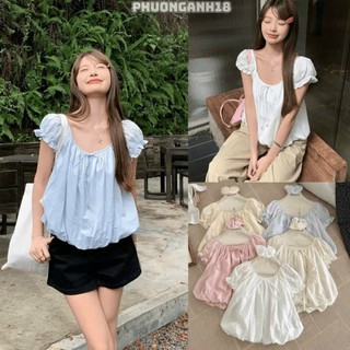 Áo Sơ Mi Nữ Babydoll Cổ Tròn Tay Bồng Gấu Bí Áo Trễ Vai Vải Xốp Kèm Dây Buộc Tóc Dễ Thương - Cakecat