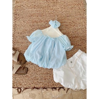 Áo Sơ Mi Nữ Babydoll Cổ Tròn Tay Bồng Gấu Bí Áo Trễ Vai Vải Xốp Kèm Dây Buộc Tóc Dễ Thương - Cakecat