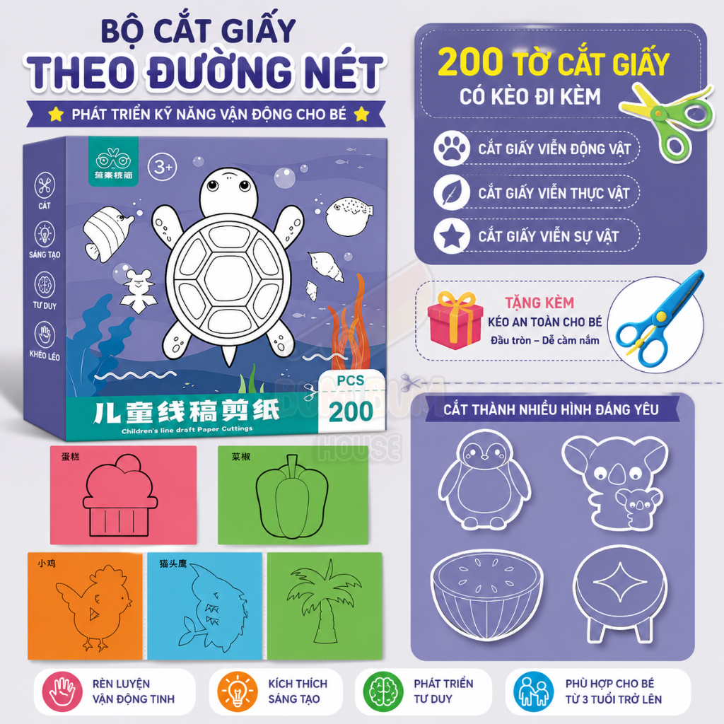 [Tặng Kéo] Combo 240 tờ cắt giấy thủ công cho bé kèm kéo an toàn, đồ chơi paper cut giáo dục sớm phát triển vận động