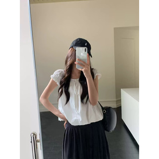 Áo Sơ Mi Nữ Babydoll Cổ Tròn Tay Bồng Gấu Bí Áo Trễ Vai Vải Xốp Kèm Dây Buộc Tóc Dễ Thương - Cakecat