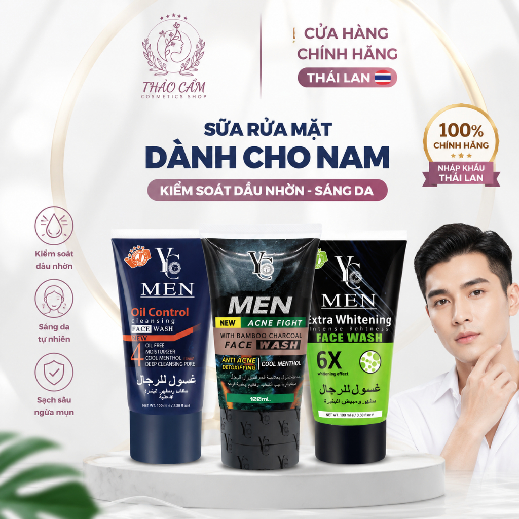 Sữa Rửa Mặt Nam YC Men Thái Lan 100ml – Kiềm Dầu, Ngừa Mụn, Dưỡng Sáng Da, Oil Control & Acne