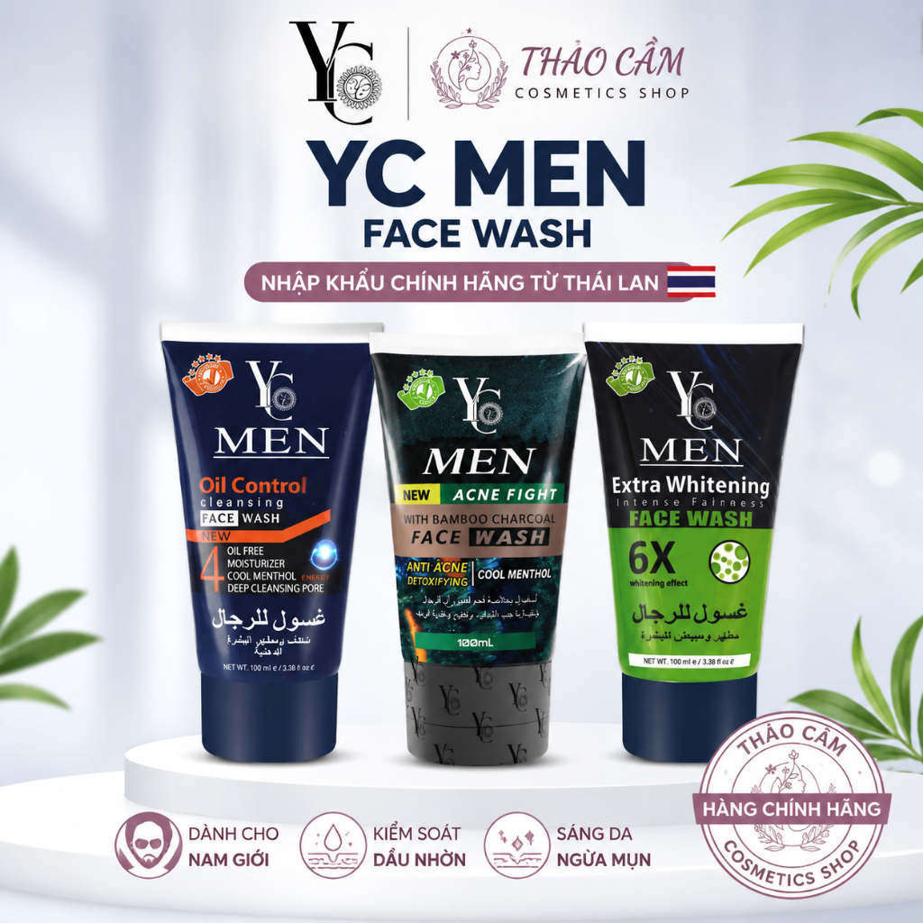Sữa Rửa Mặt Nam YC Men Thái Lan 100ml – Kiềm Dầu, Ngừa Mụn, Dưỡng Sáng Da, Oil Control & Acne