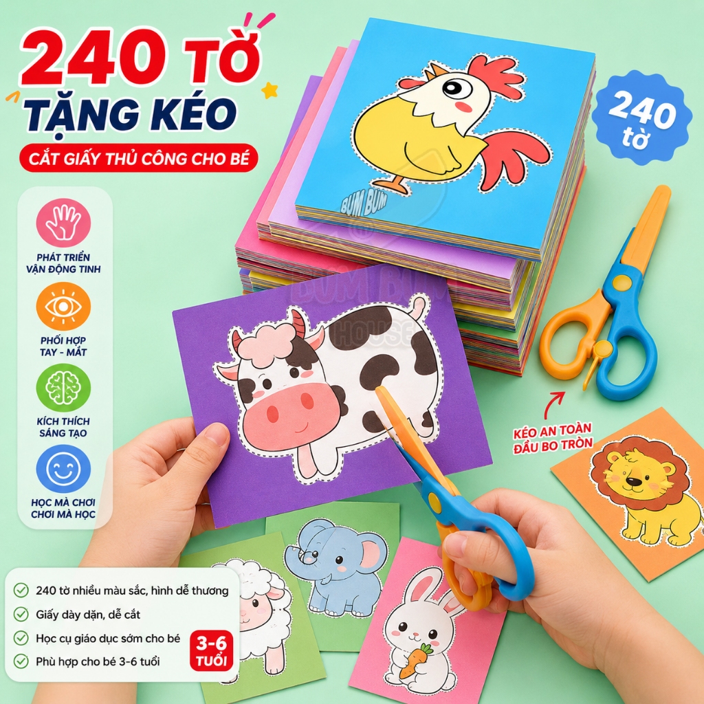 [Tặng Kéo] Combo 240 tờ cắt giấy thủ công cho bé kèm kéo an toàn, đồ chơi paper cut giáo dục sớm phát triển vận động