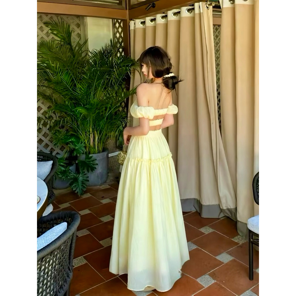 Đầm maxi trễ vai hở lưng màu vàng TABISHOP váy dài nữ mặc hè đi biển sang chảnh (325)